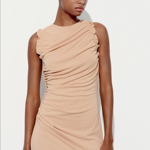 ZARA short ruffled dress size XS Beige NWT - Picture 2 of 8
